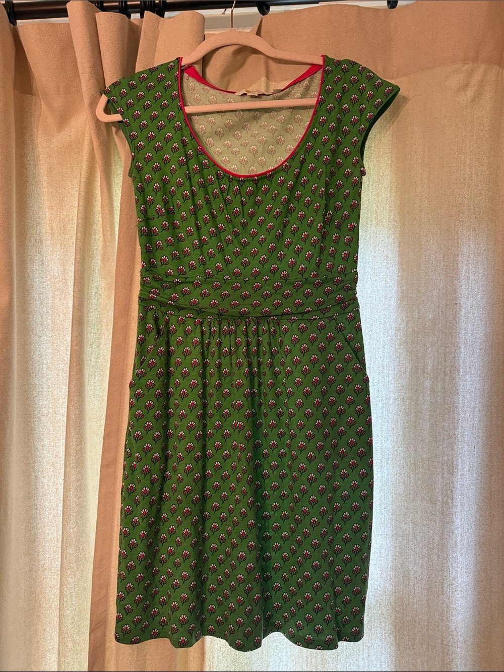 Boden Green Floral Scoop-Neck Dress with Pink Trim
